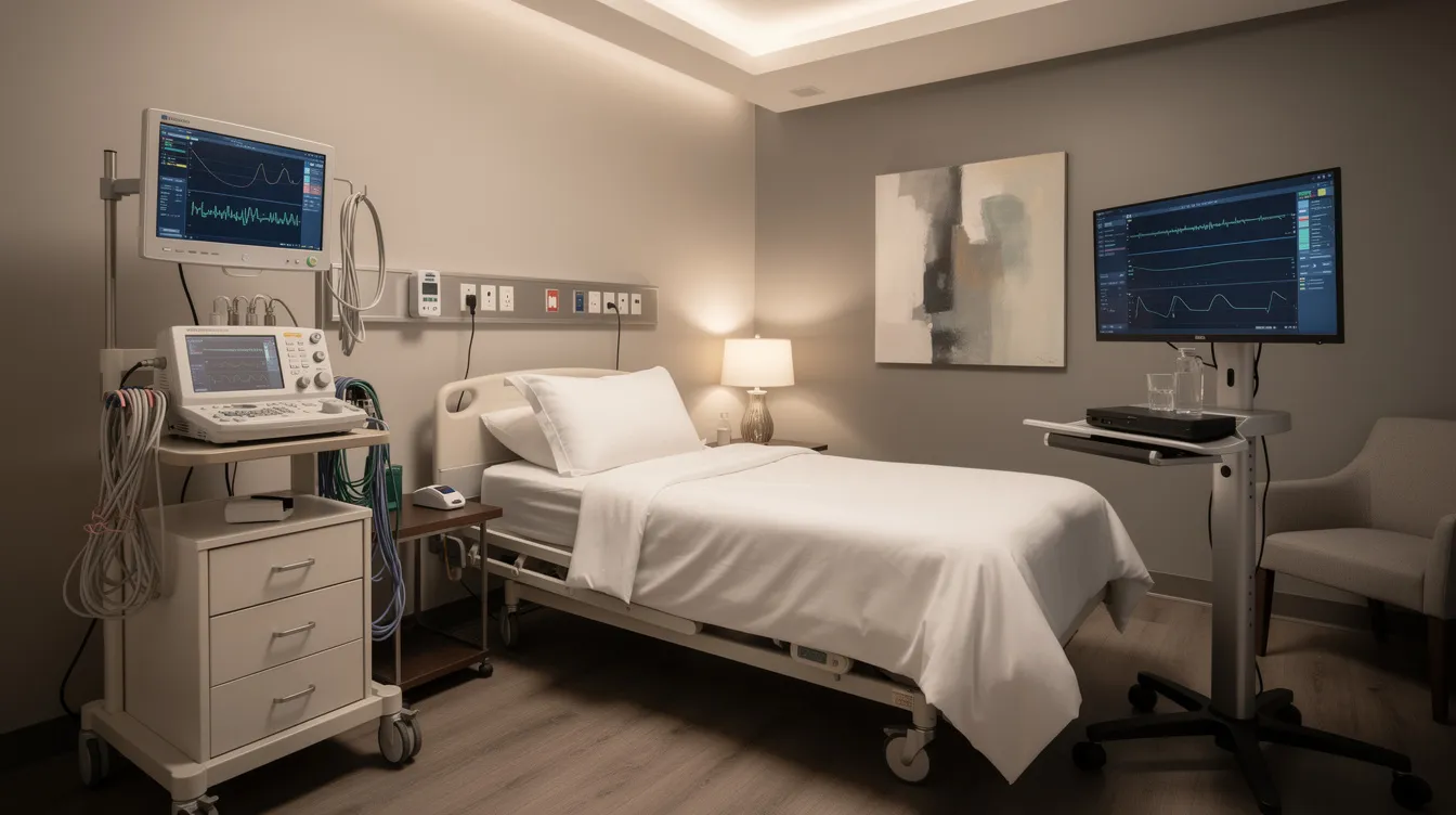 The image depicts a modern hospital sleep study room featuring a comfortable bed and various medical monitoring equipment designed for assessing sleep patterns. This environment is ideal for evaluating treatment options for conditions such as idiopathic hypersomnia and narcolepsy, with a focus on improving sleep latency and managing excessive daytime sleepiness.