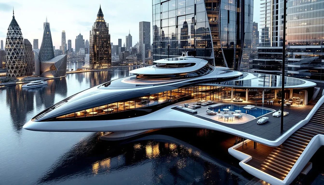 A imagem mostra o arranha-céu Yachthouse by Pininfarina, localizado em Balneário Camboriú, com um design futurista que lembra a forma de um iate. Este edifício, um dos prédios mais altos do Brasil, se destaca na paisagem da Avenida Atlântica, refletindo a arquitetura moderna e o luxo da região.