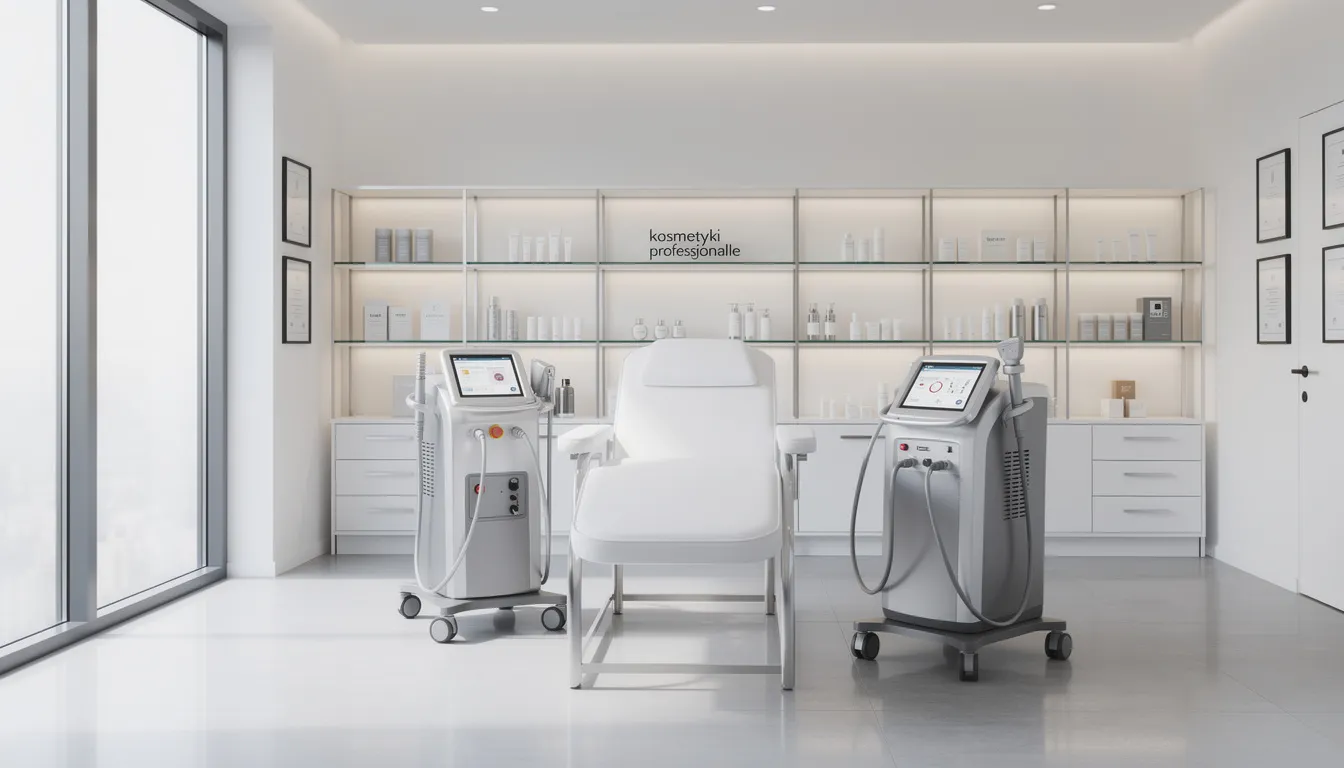 Nowoczesny gabinet kosmetyczny wyposażony w zaawansowany sprzęt laserowy, w którym przeprowadzane są zabiegi usuwania kępek żółtych. Wnętrze jest eleganckie i funkcjonalne, a sprzęt zapewnia skuteczne i bezpieczne usunięcie zmian skórnych w znieczuleniu miejscowym.