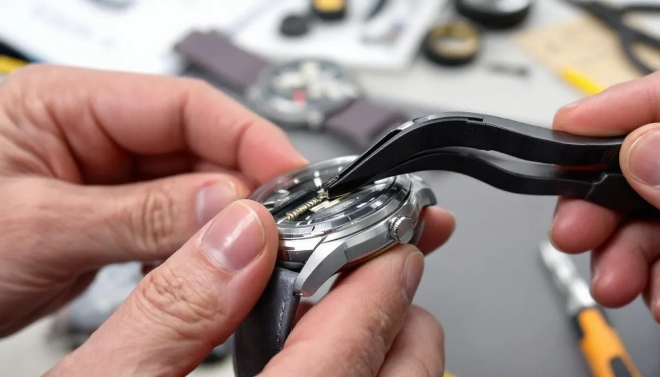Installing a new watch strap with a spring bar tool.