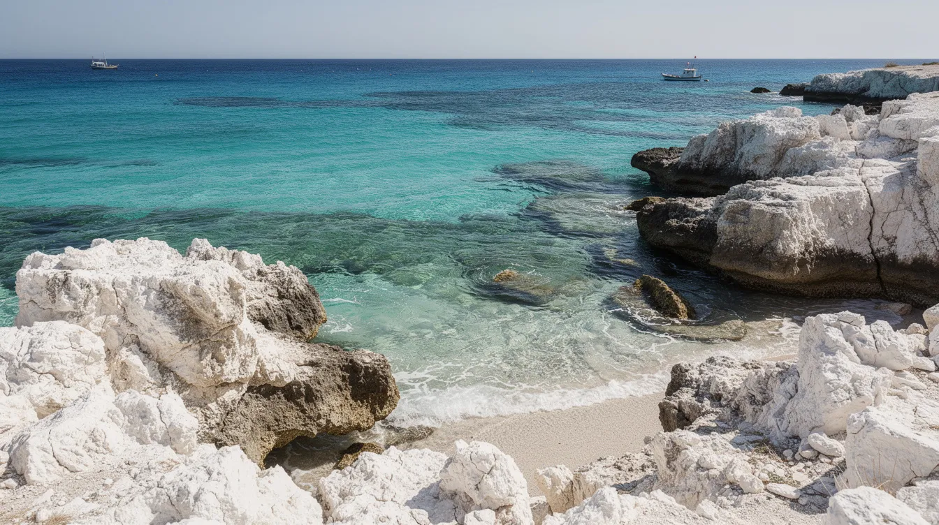 Formações rochosas brancas e acidentadas encontram águas turquesa, enquanto um pequeno barco se destaca ao longe, criando uma cena tranquila e paradisíaca, típica de destinos de verão como a Grécia. Essa paisagem evoca a beleza natural e a cultura rica que atraem viajantes de todo o mundo.