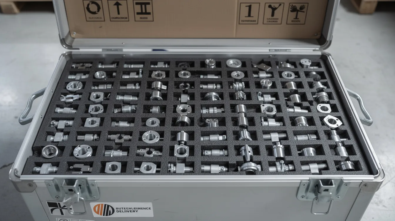 The image shows neatly packaged precision metal parts, securely placed in protective foam inside a shipping crate, ready for international delivery. These parts exemplify the highest quality standards in precision metal fabrication, ensuring consistent quality and compliance with ISO certification.