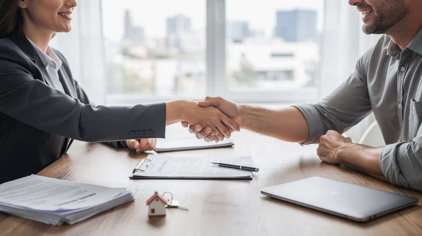 The image depicts two individuals shaking hands over a stack of paperwork at a real estate closing table, symbolizing the completion of a transaction. This moment often involves discussions about payment methods, such as ACH transfers and wire transfers, which are crucial for finalizing the deal.