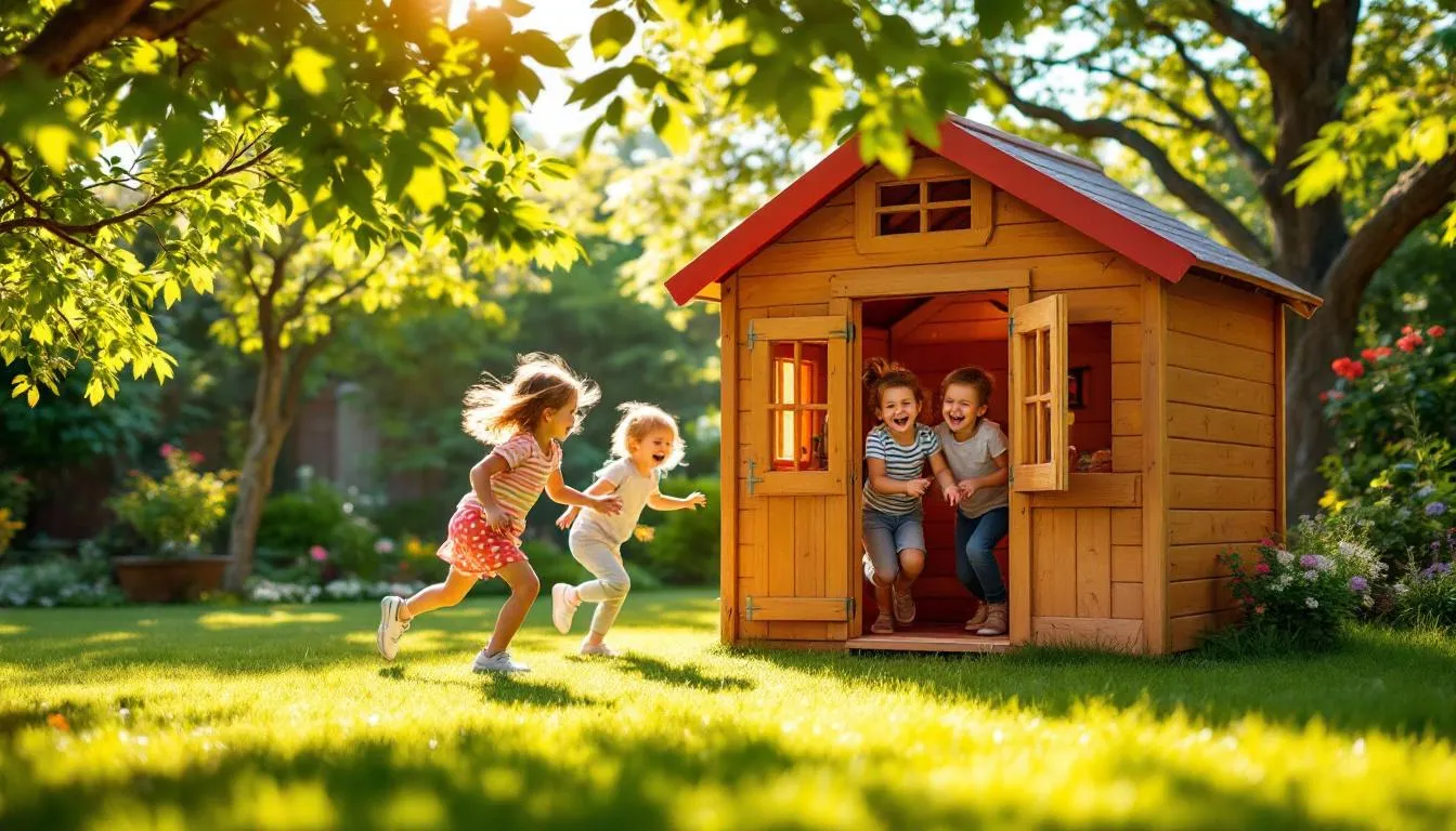 In a sunny garden, children are joyfully playing in a wooden playhouse, engaging in imaginative play as they explore their surroundings. The scene captures the essence of outdoor fun, with the playhouse providing a perfect space for creativity and adventure.