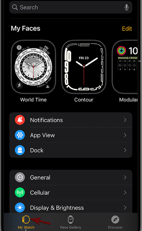 Tap on My Watch Tab.    Base image source: Apple.com   Arrow by me