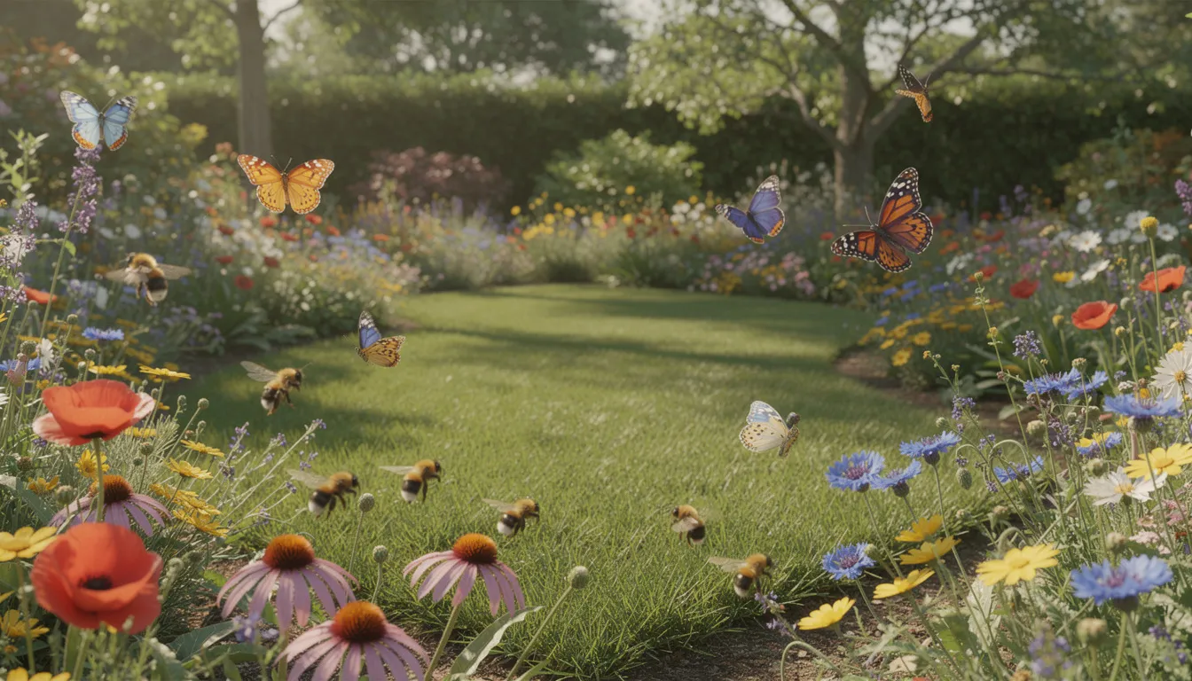 A vibrant garden features a perfect lawn bordered by a mix of wildflowers, attracting bees and butterflies. The lush green grass showcases the beauty of a well-maintained lawn, while the colorful flowers create a natural environment full of life.