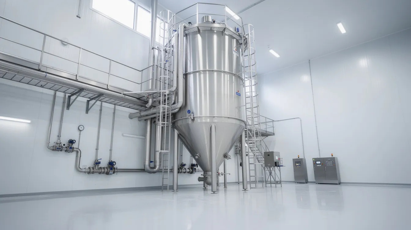 95f84137 312e 407f 8136 968a0860581c The image depicts a large industrial stainless steel spray dryer tower within a modern dairy processing facility, highlighting the milk powder production process. This setup is essential for converting liquid milk into powdered milk products, such as skimmed milk powder and dairy whitener, which are vital for the global milk powder industry.