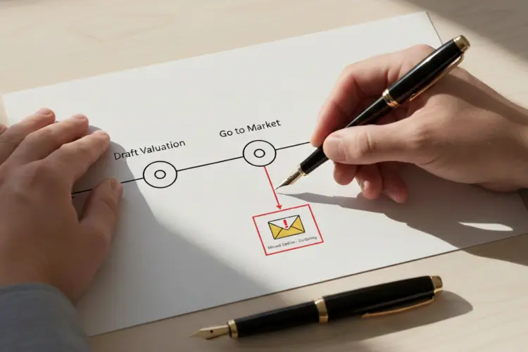 Timeline of valuation milestones with an email alert icon for escalation when updates are missed.