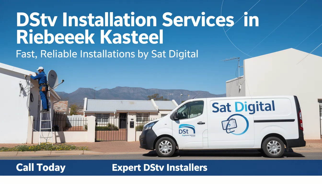 A professional DStv installer from Sat Digital is seen setting up a satellite dish in Riebeek Kasteel, ensuring proper alignment for optimal signal reception. The technician is equipped with tools and equipment necessary for DStv installation services, showcasing their expertise in providing affordable and reliable DStv installations.