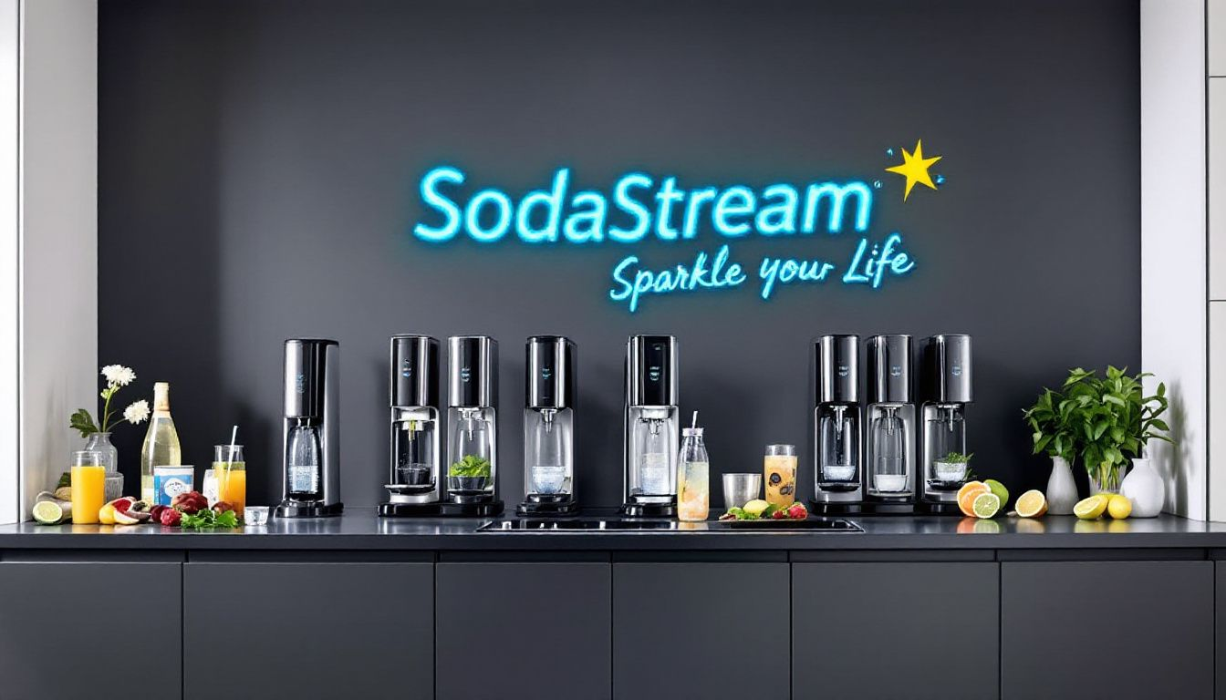 A collection of SodaStream sparkling water makers displayed on a kitchen countertop.