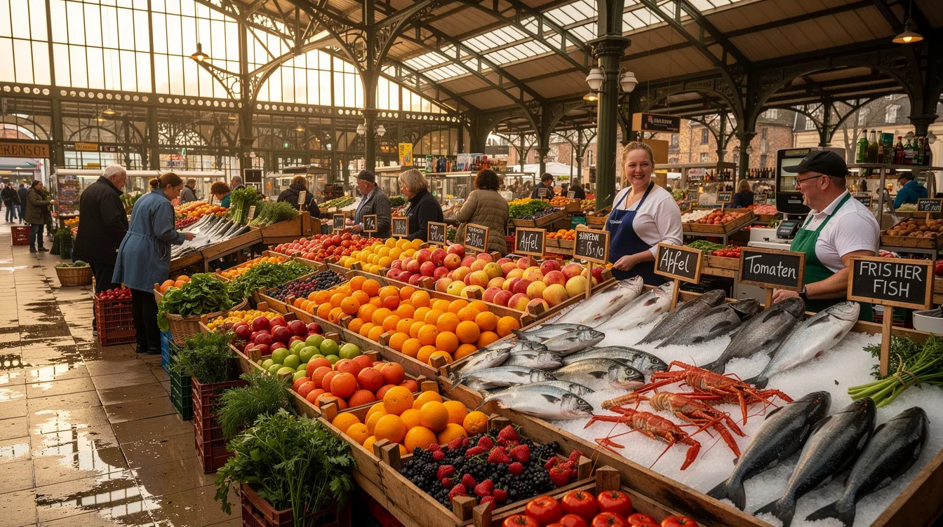 In einer überdachten Markthalle in Palma de Mallorca sind bunte Marktstände mit frischem Obst, Gemüse und Meeresfrüchten zu sehen, die ein lebhaftes und einladendes Ambiente schaffen. Der Mercat de Santa Catalina ist ein beliebter Ort, um die kulinarischen Köstlichkeiten der Insel zu entdecken und das lokale Leben zu erleben.