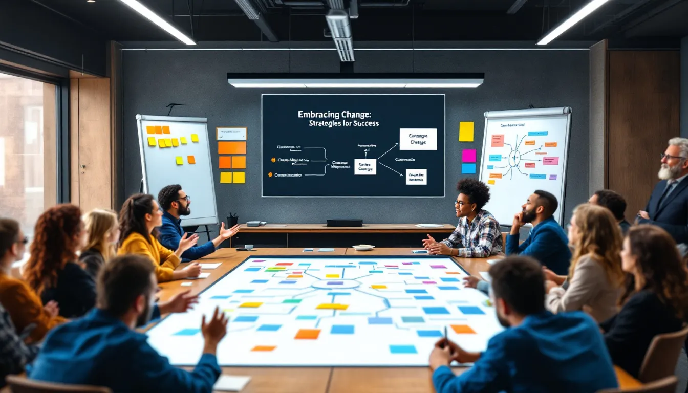 A diverse group of employees engaging in a focus group discussion about change management.