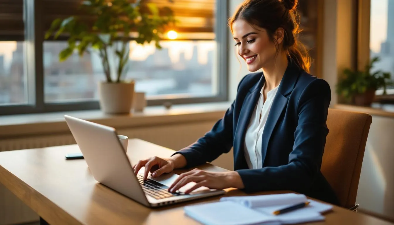 A hotel staff member sits at a desk, focused on writing blog content about local attractions and seasonal events, while a laptop displays hotel prices and popular destinations. The atmosphere is professional, highlighting the importance of sharing valuable information with travelers to enhance their stay and save on reservations.