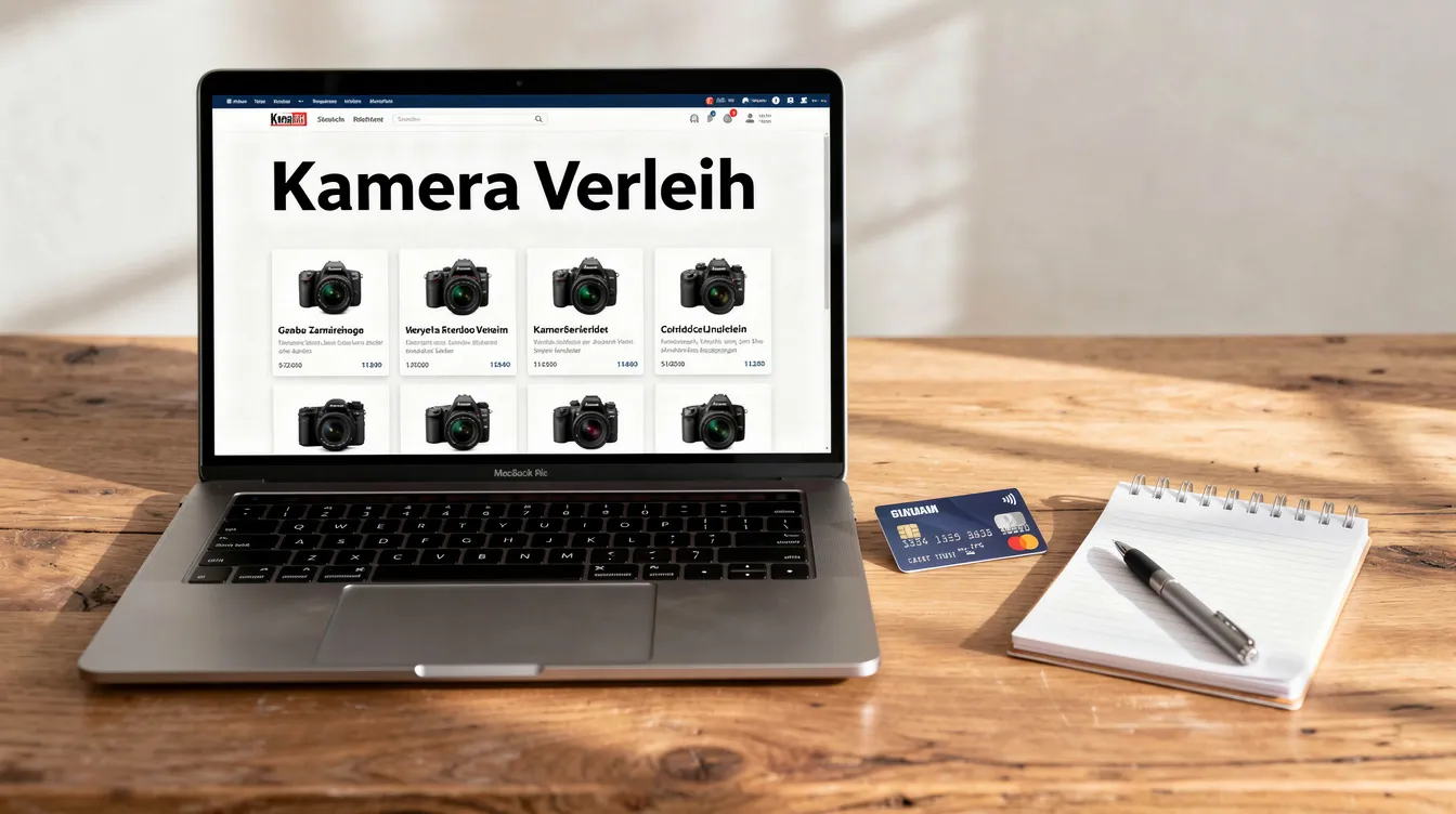 Auf dem Schreibtisch liegt ein Laptop, auf dem eine Kamera-Verleihseite geöffnet ist, um verschiedene Modelle wie Spiegelreflexkameras und Systemkameras zu vergleichen. Neben dem Laptop befinden sich eine Kreditkarte und ein Notizblock, die für die Buchung von Kamerazubehör und Equipment genutzt werden können.