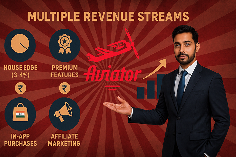 Revenue streams and business model visualization for Aviator game development showing house edge, premium features, and Indian market focus