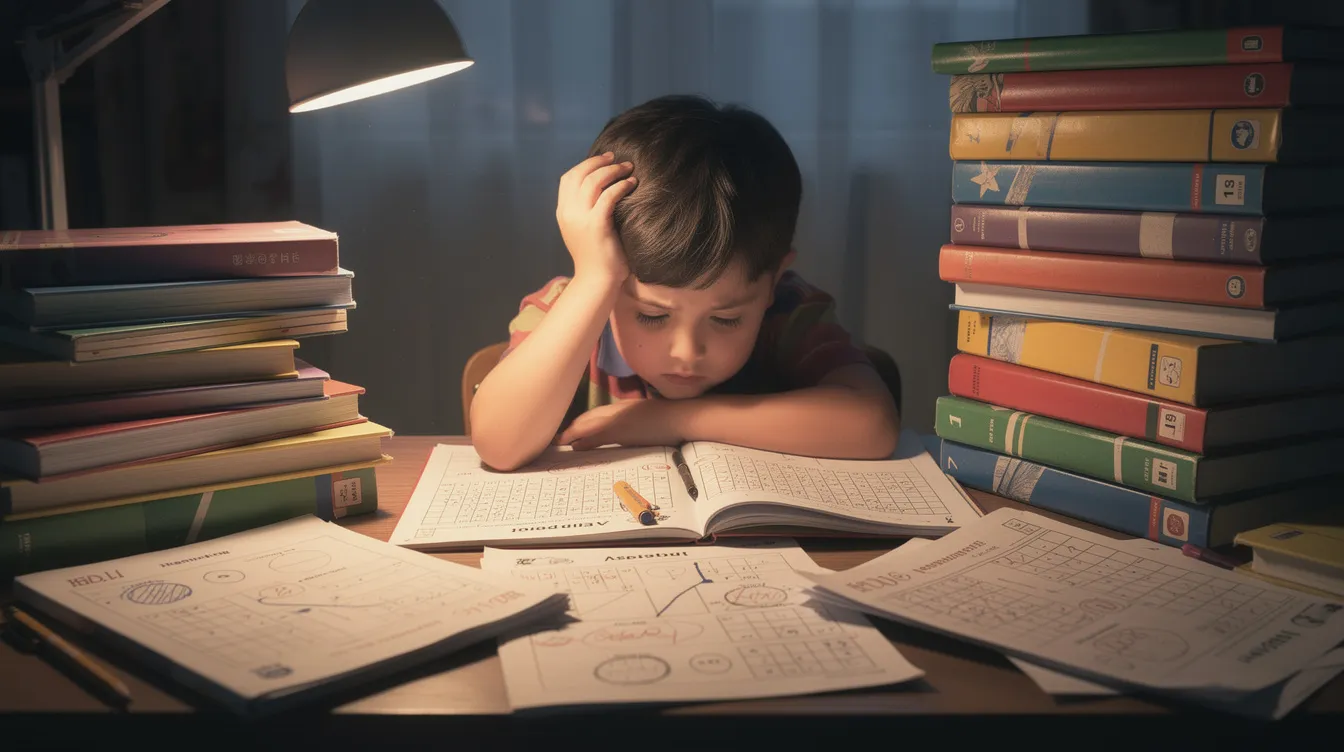 A tired child sits at a cluttered desk, surrounded by stacks of workbooks and assessment papers in a dimly lit room, reflecting the challenges many students face in their learning process. The scene highlights the mental exhaustion that can accompany academic struggles, emphasizing the need for effective support and understanding of each child's learning style.
