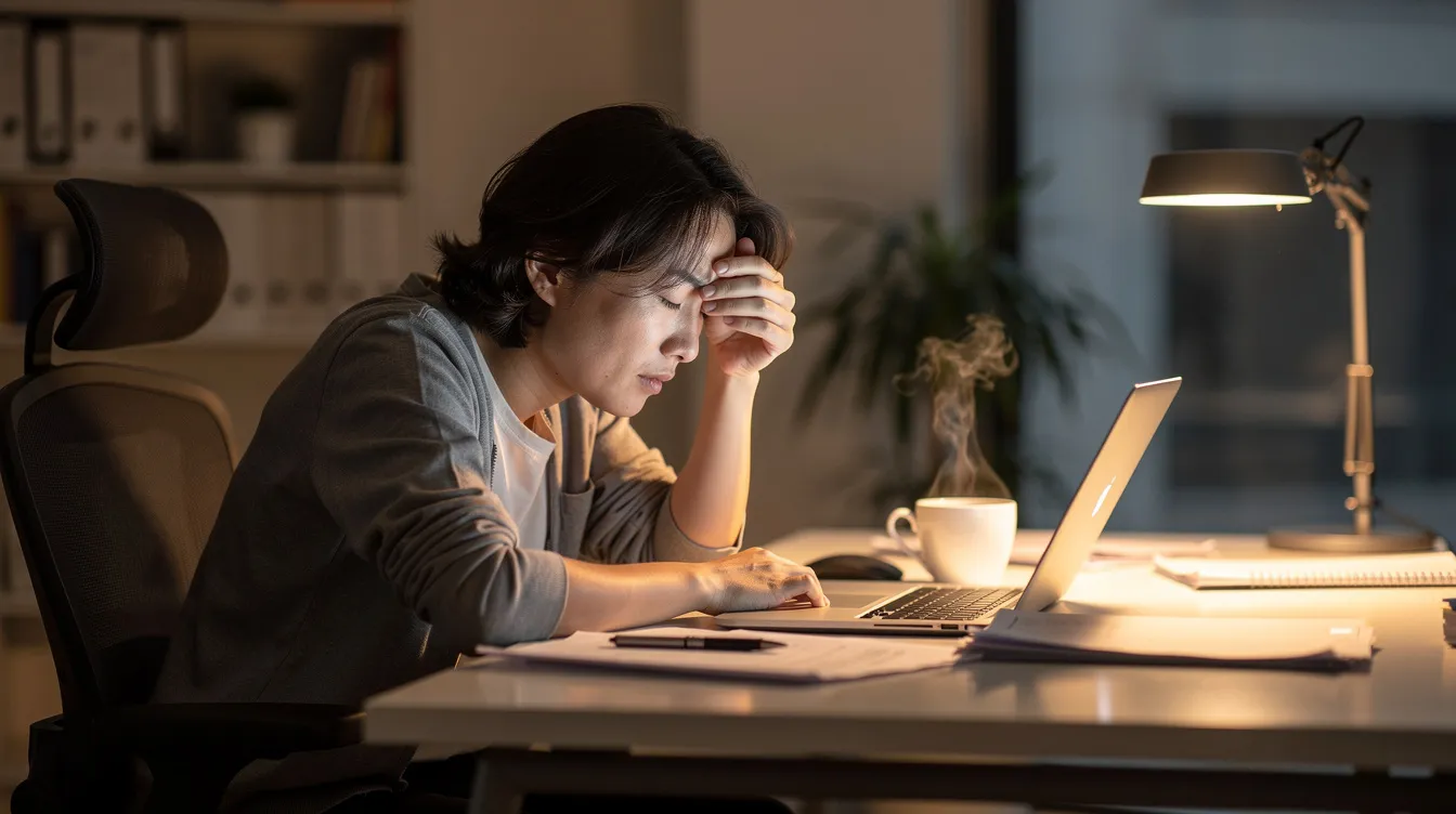 A tired person sits at a desk, rubbing their eyes in a softly lit office, with a coffee cup nearby, reflecting the struggles of sleep deprivation and its effects on cognitive and physical health. Their weary expression suggests they may be dealing with chronic sleep deprivation and its associated symptoms.