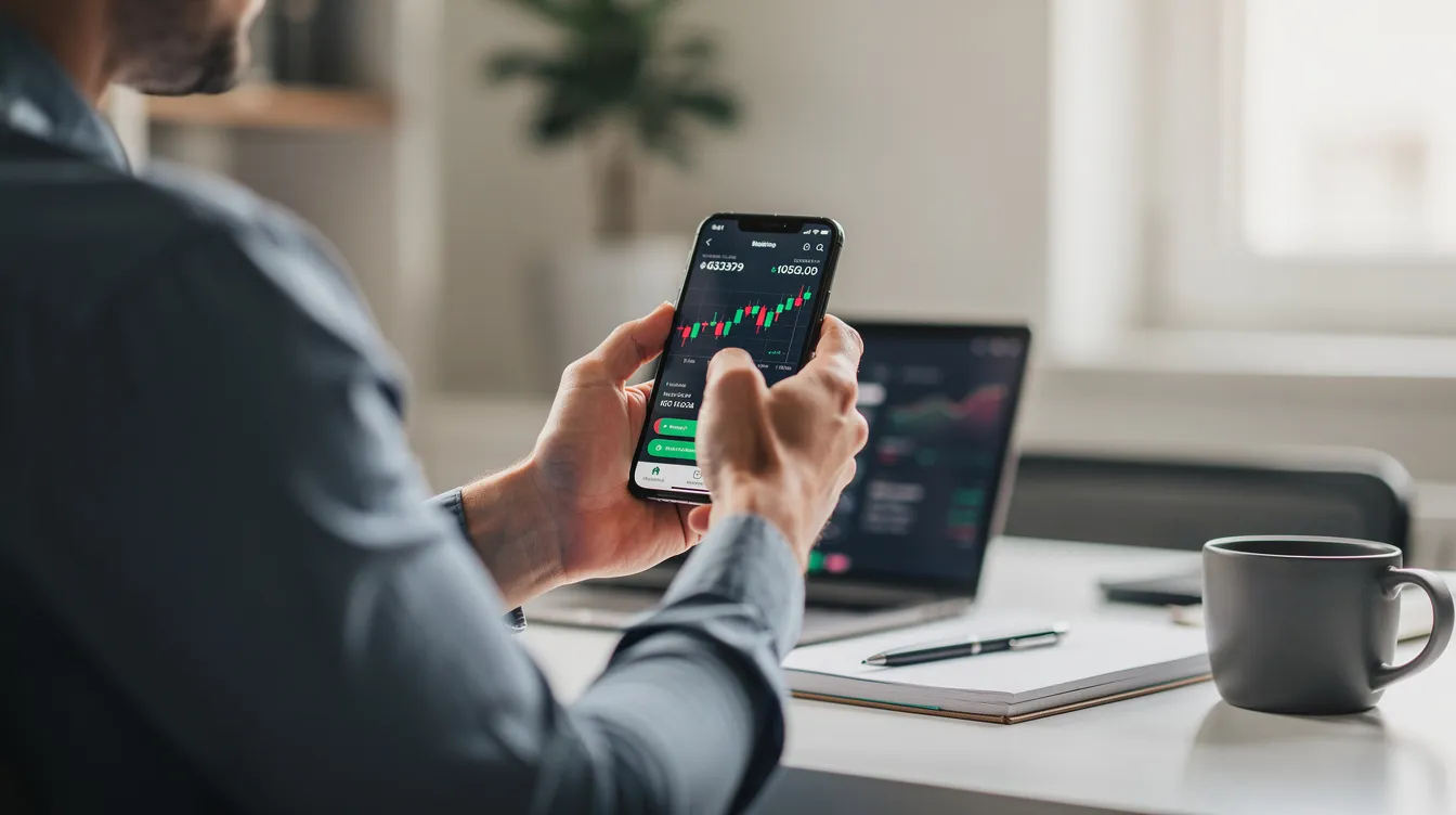 A person is sitting at a desk, holding a smartphone displaying a financial app that likely assists with loan applications, such as "免 tu 貸款" or "申請 免 tu." The setting suggests a focus on managing personal finances and exploring options for online loans.