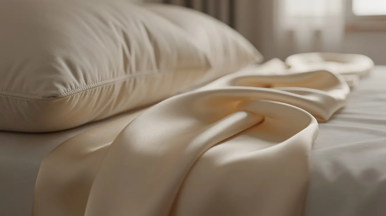 A close-up view showcases a soft ivory silk pillowcase elegantly folded beside a plush pillow on a bed, highlighting the luxurious texture of mulberry silk that helps reduce frizz and hair breakage. The smooth surface of the silk is ideal for maintaining hair health and enhancing beauty sleep.