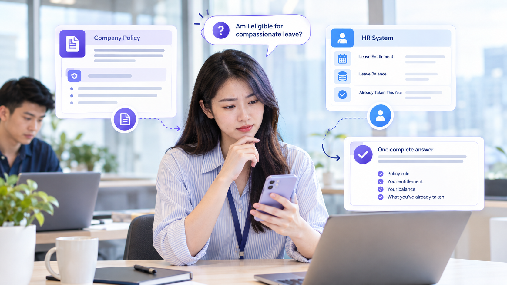An HR chatbot with company documents gives new hires access to relevant information, policy documents, HR documents, and company policies while supporting a better onboarding experience.