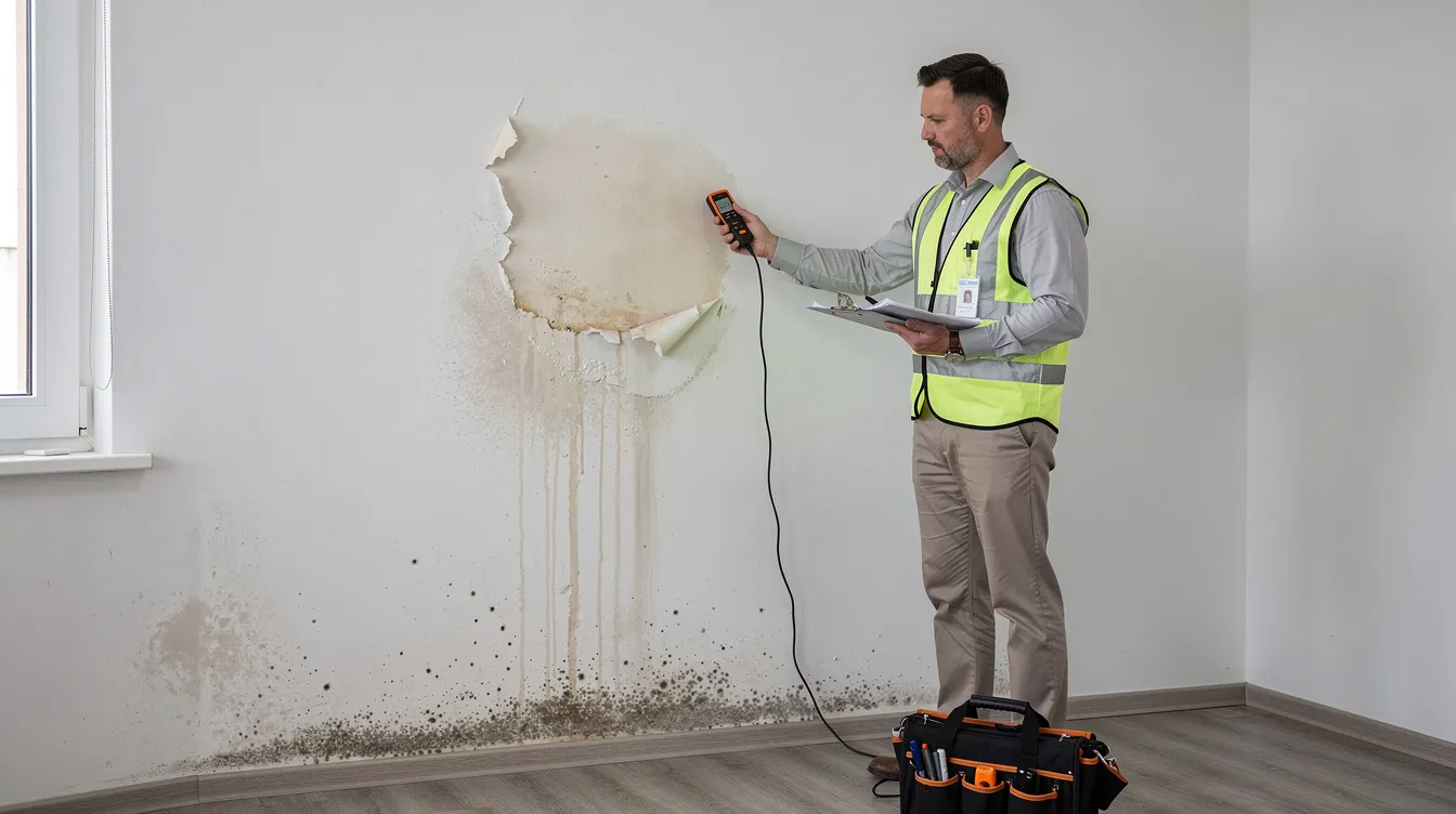A professional inspector is examining moisture damage on an interior wall, assessing the potential for mold growth and identifying affected areas. This evaluation is crucial for mold remediation services to ensure the indoor air quality and safety of residential and commercial properties in Roswell, GA.