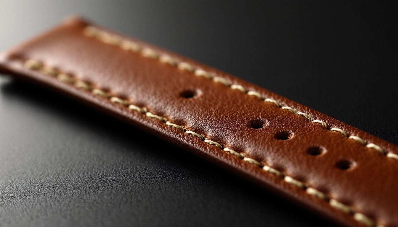 A detailed view of the craftsmanship in a leather watch strap, focusing on stitching and materials.