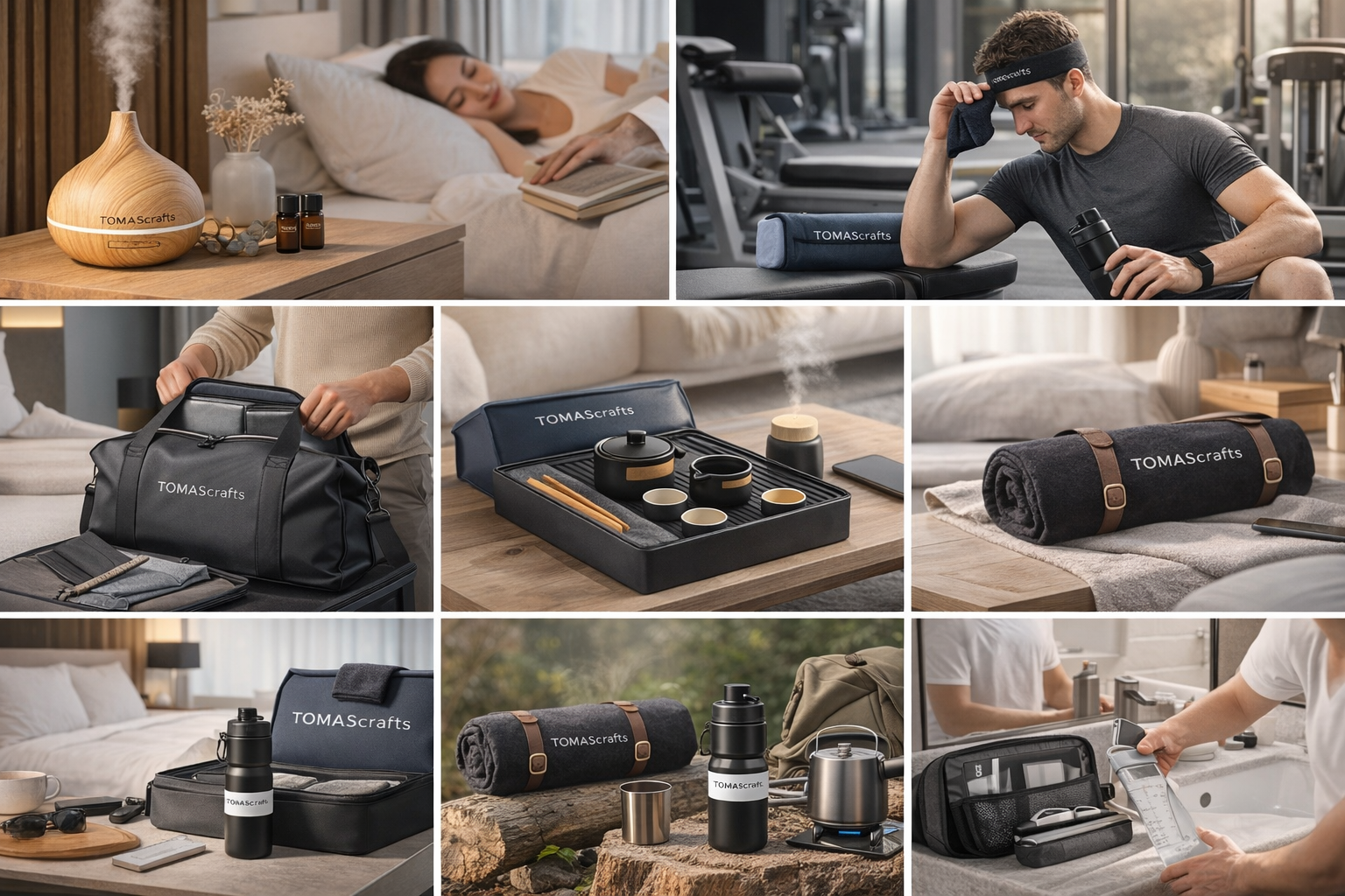 Wellness & lifestyle corporate gift Scene diagram: diffuser, tea set, gym items, blanket and pouch