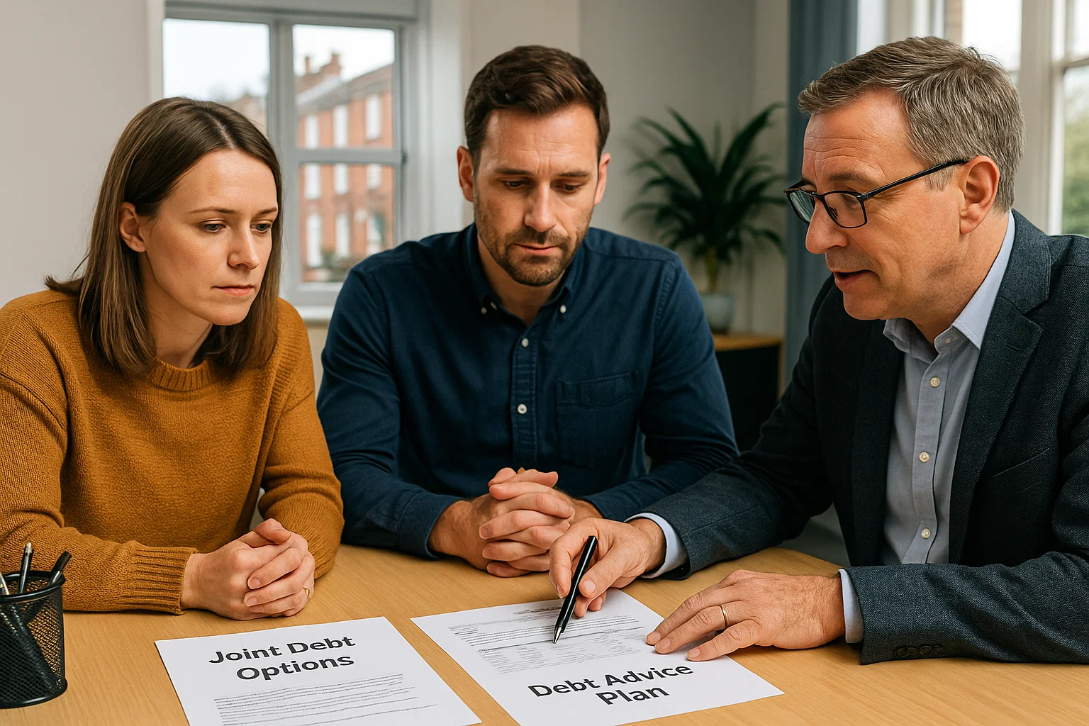 Couple meeting a debt adviser in a UK office reviewing paperwork titled joint debt options.