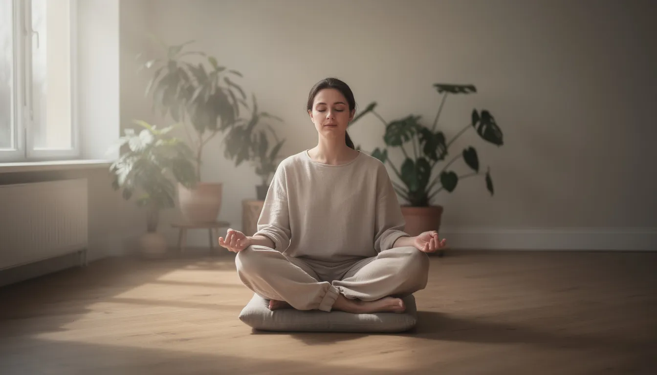 The image depicts a person practicing mindfulness meditation in a serene environment, surrounded by nature, promoting mental health and relaxation. This calming scene encourages healthy sleep habits, helping individuals improve their sleep quality and find better sleep.