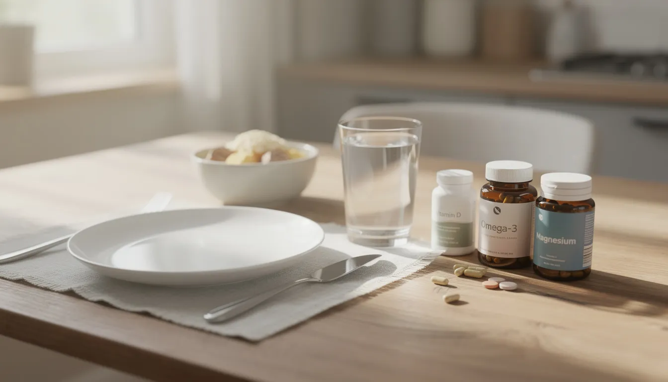 The image depicts a morning breakfast table setting bathed in soft natural light, featuring a glass of water alongside various supplement bottles, including those for NMN and TMG, which support healthy aging and cellular energy production. This inviting arrangement emphasizes a focus on health and wellness, perfect for a daily routine aimed at improving overall health and cognitive function.