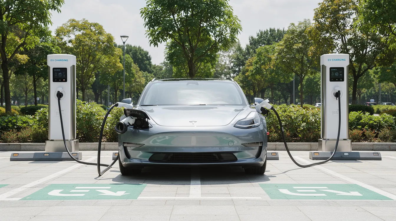 An electric vehicle is charging at a sleek, modern charging station surrounded by lush greenery, symbolizing the intersection of technology and sustainability in today's digital landscape. This image reflects the innovative features of fintech companies that aim to enhance financial inclusion and customer growth through modern solutions.