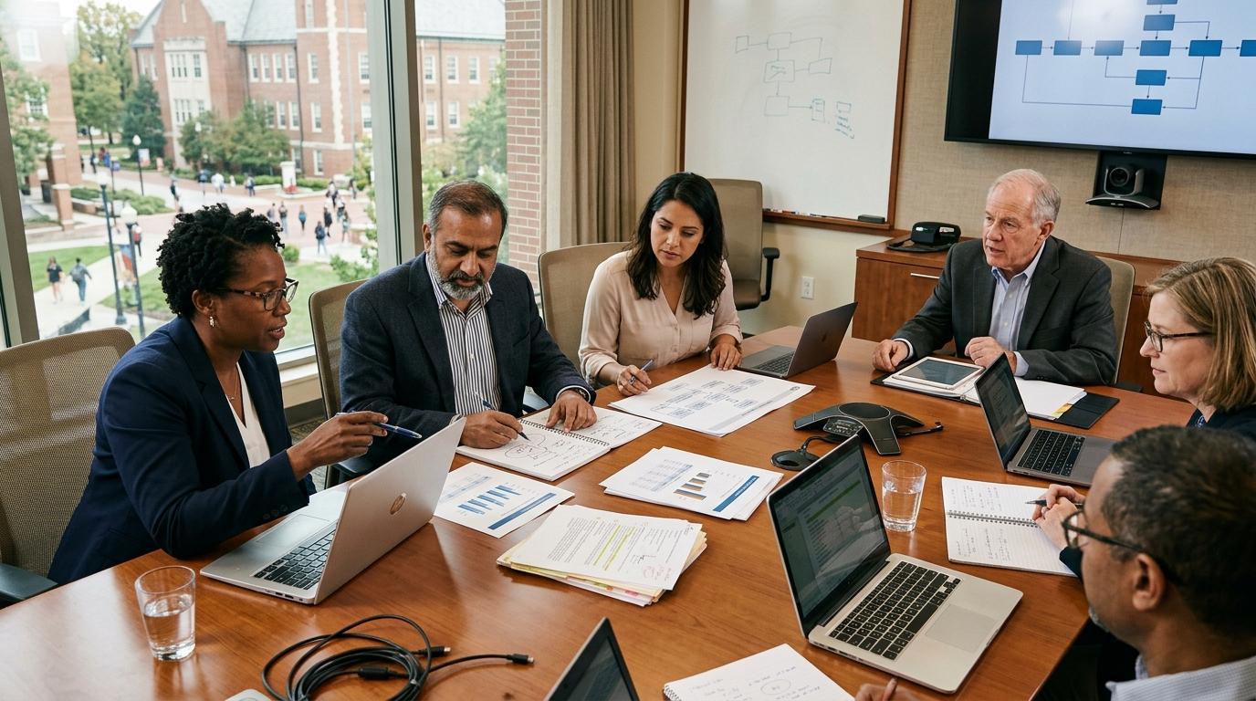 Photorealistic university leadership meeting focused on educational technology planning, faculty collaborating around laptops, notebooks, and printed documents in a professional campus conference room.
