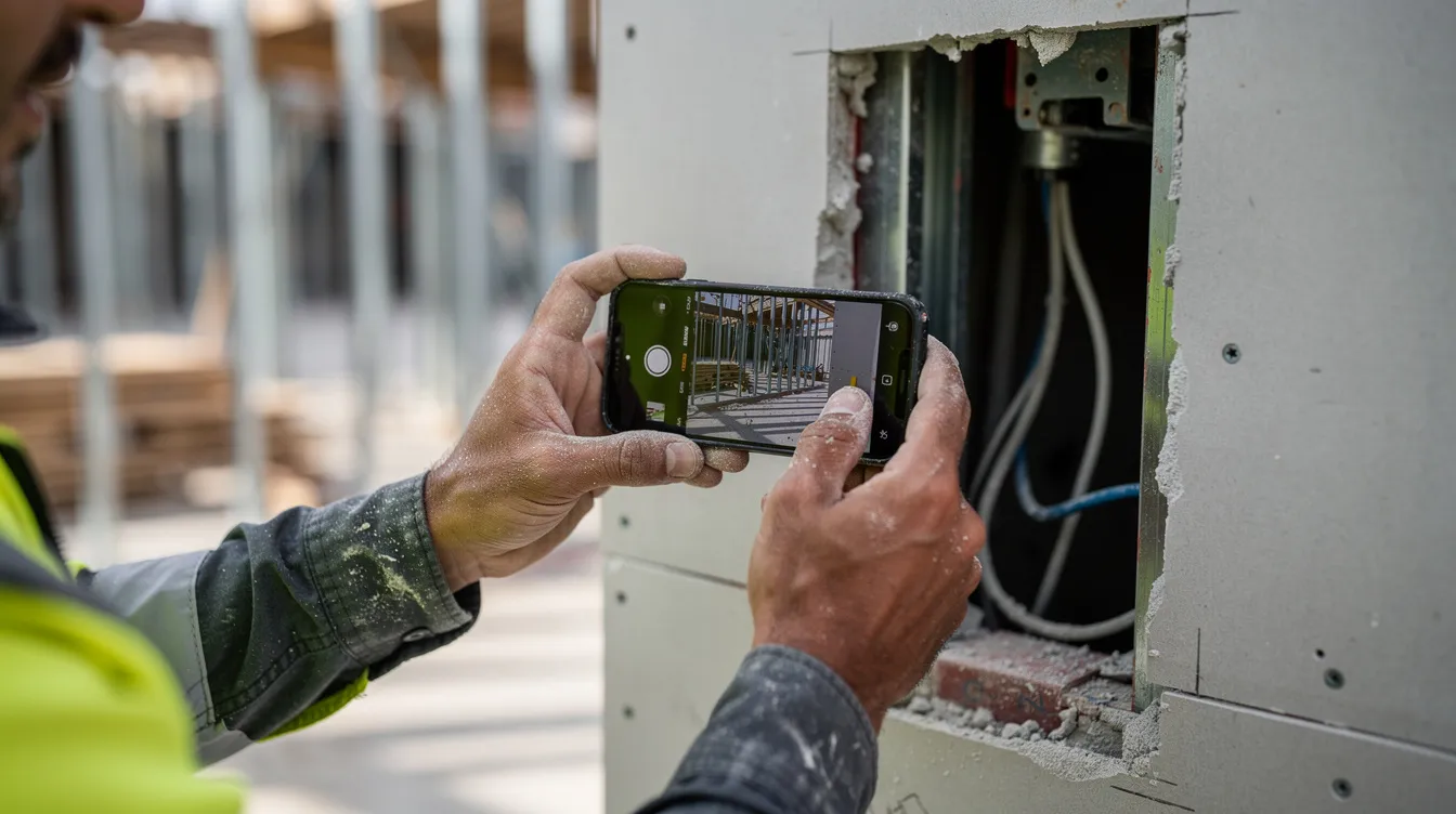 A close-up of a construction worker's hands holding a smartphone to photograph a wall penetration at a job site, emphasizing the importance of quality control and inspection in the construction process. The image highlights the worker's focus on documenting compliance with safety and quality standards to mitigate risks in ongoing construction projects.