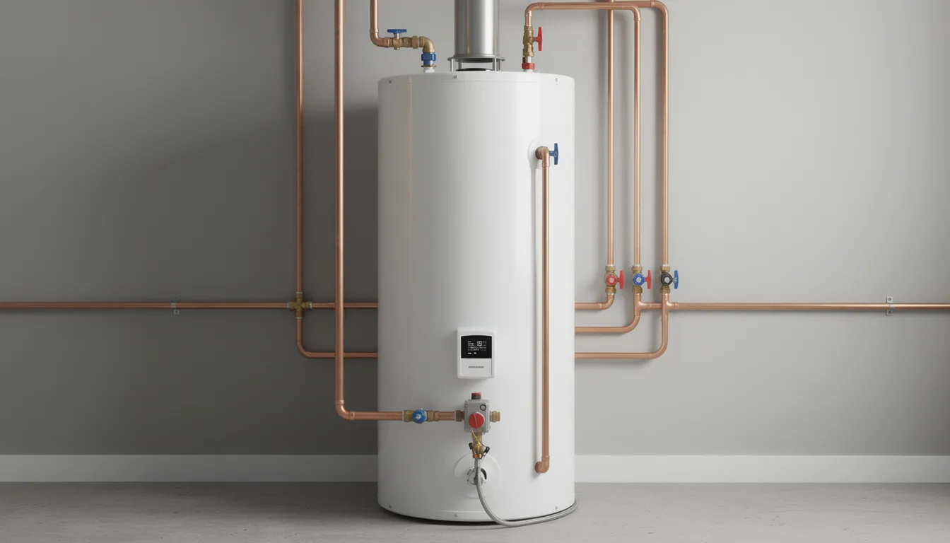 The image depicts a modern residential water heater with visible plumbing connections, featuring both copper pipes and pex tubing. The setup includes various fittings and valves, showcasing the integration of copper and flexible pex in a plumbing project designed for efficient water flow.