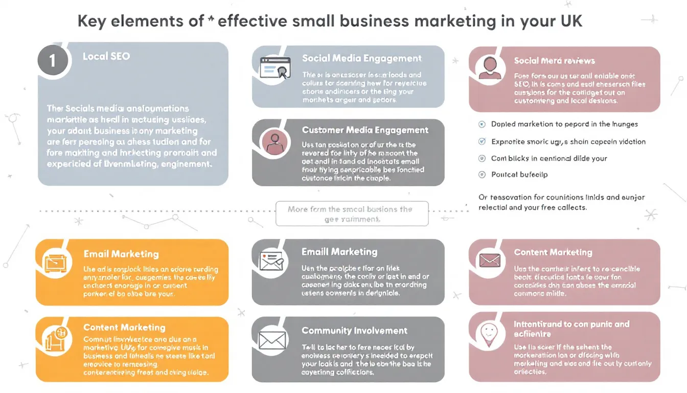 The image illustrates the essential components of effective small business marketing in the UK, featuring various marketing strategies such as social media marketing, email marketing, and search engine optimisation. It emphasizes the importance of understanding the target audience and utilizing digital marketing channels to attract potential customers and drive business growth.
