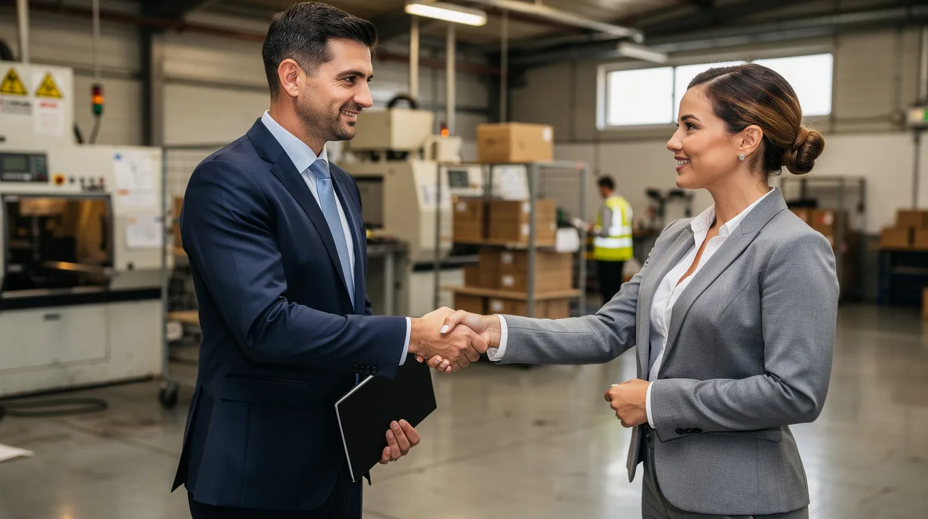 The image depicts two business professionals shaking hands inside a small factory, symbolizing a successful partnership or agreement, possibly related to financial assistance for small enterprises under the Pradhan Mantri Mudra Yojana. This setting highlights the importance of collaboration in securing loans and expanding micro units development.