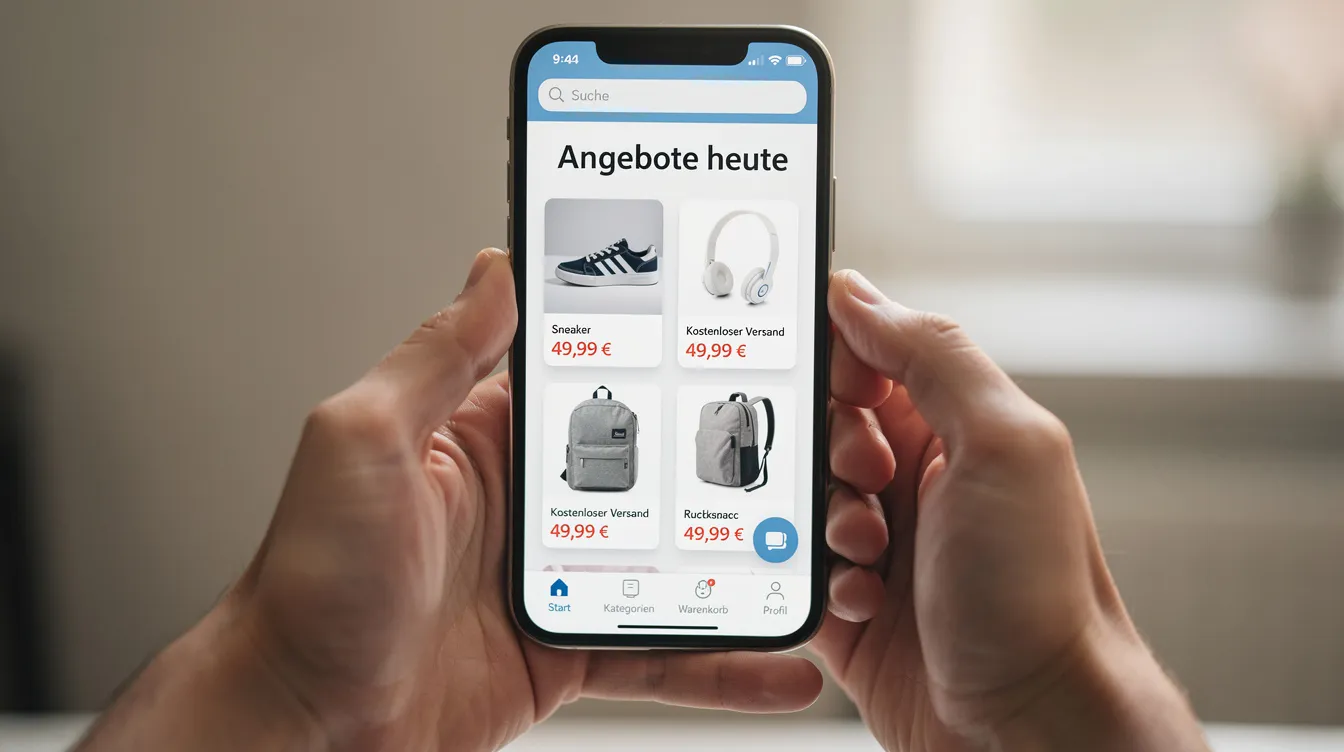 Zwei Hände halten ein Smartphone, auf dessen Bildschirm eine Shopping-App geöffnet ist, die Produkte von Aliexpress zeigt. Die App bietet verschiedene Funktionen für das Online-Shopping, einschließlich Tipps für den Einkauf und aktuelle Angebote.