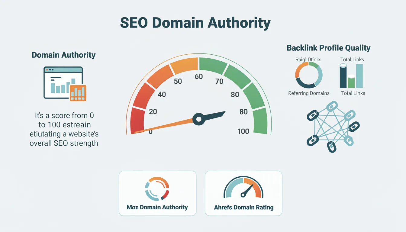 The image illustrates the concept of domain authority, showcasing a score range from 0 to 100 that indicates a website's SEO strength, with an emphasis on the importance of referring domains and high-quality backlinks in building a strong backlink profile. It also highlights various website authority metrics, such as Moz Domain Authority and Ahrefs Domain Rating, used to assess a website's ability to rank well in search engine results.
