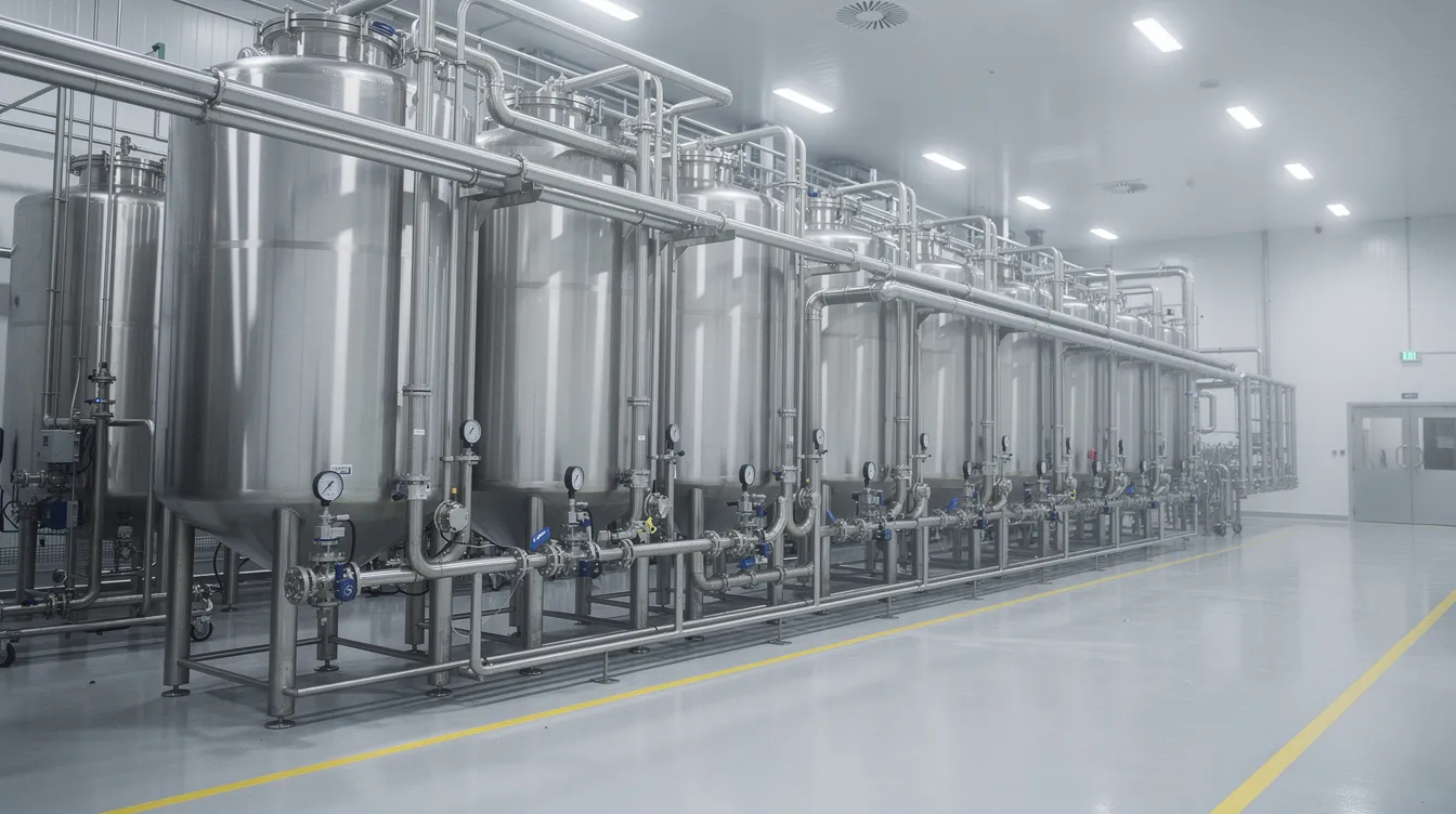 The image depicts a modern dairy processing facility featuring industrial stainless steel equipment, including large tanks and pipes used in the ghee manufacturing process. This setup is essential for producing high-quality desi cow ghee and other dairy products within the food processing industry.
