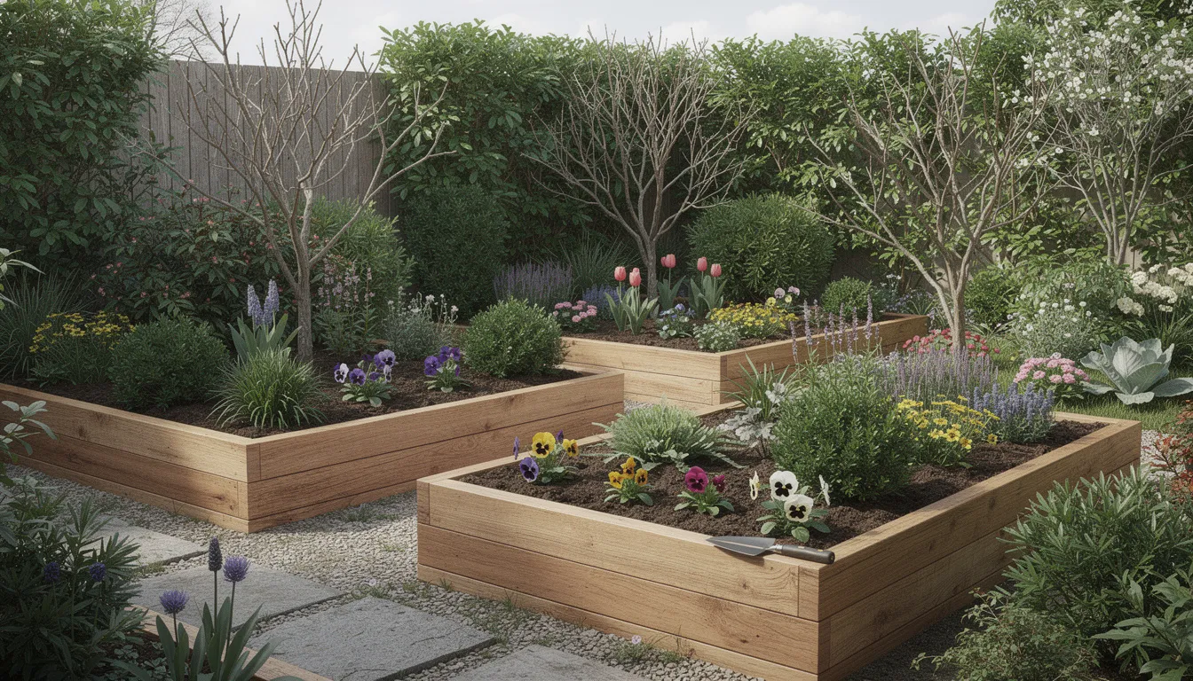 The image features raised garden beds in a small outdoor space, showcasing a mix of evergreens, seasonal flowers, and small plants that create visual interest throughout the year. This design not only enhances the aesthetic appeal of the backyard but also facilitates easier planting and maintenance while accommodating limited space.