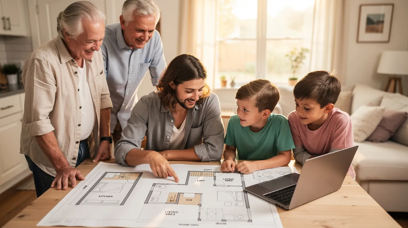 A family gathers around a table, examining various tiny home floor plans together, discussing their tiny living dreams. They are exploring options for their own home, considering factors like material costs, project costs, and financing options to create their ideal mobile tiny house.