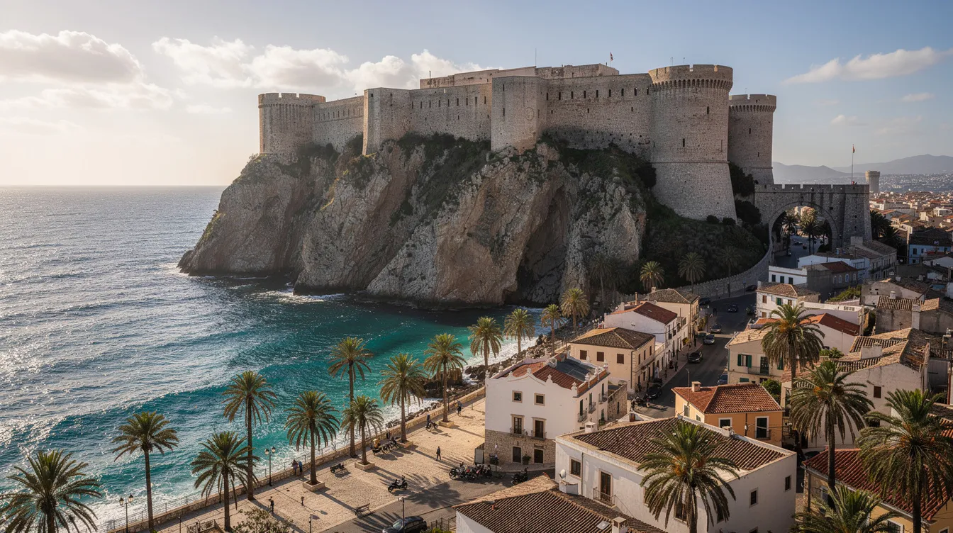 Die beeindruckende mittelalterliche Festung Castillo de Santa Bárbara thront majestätisch auf einem hohen Felsen und bietet einen atemberaubenden Blick auf das blaue Mittelmeer, während im Vordergrund eine Stadt mit Palmen und Sandstränden, typisch für die Costa Blanca, zu sehen ist. Diese Kulisse vereint Geschichte und Natur und zieht zahlreiche Urlauber an, die die Schönheit der Region Alicante genießen möchten.