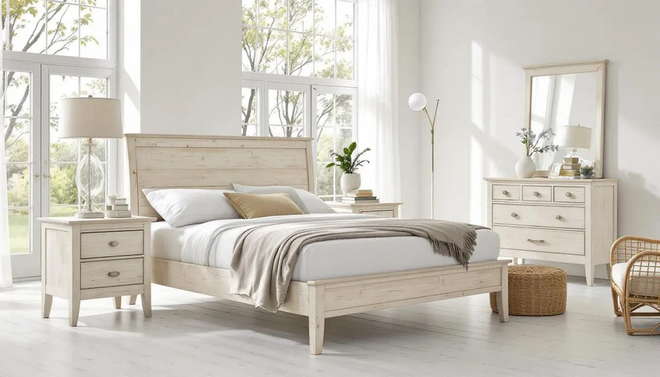 The image showcases a coastal-style queen bedroom set, featuring a whitewashed timber bed frame and natural textures that create a bright and airy atmosphere. The room includes matching bedside tables and a dresser, providing ample storage space while enhancing the overall modern style of the bedroom furniture.