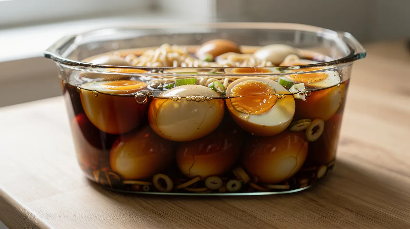 The image shows marinated eggs resting in a glass container filled with a dark soy marinade, showcasing the glossy surface of the soy sauce marinated eggs. These perfect soft boiled eggs are likely intended for use in ramen dishes, highlighting their rich flavor and beautiful color.
