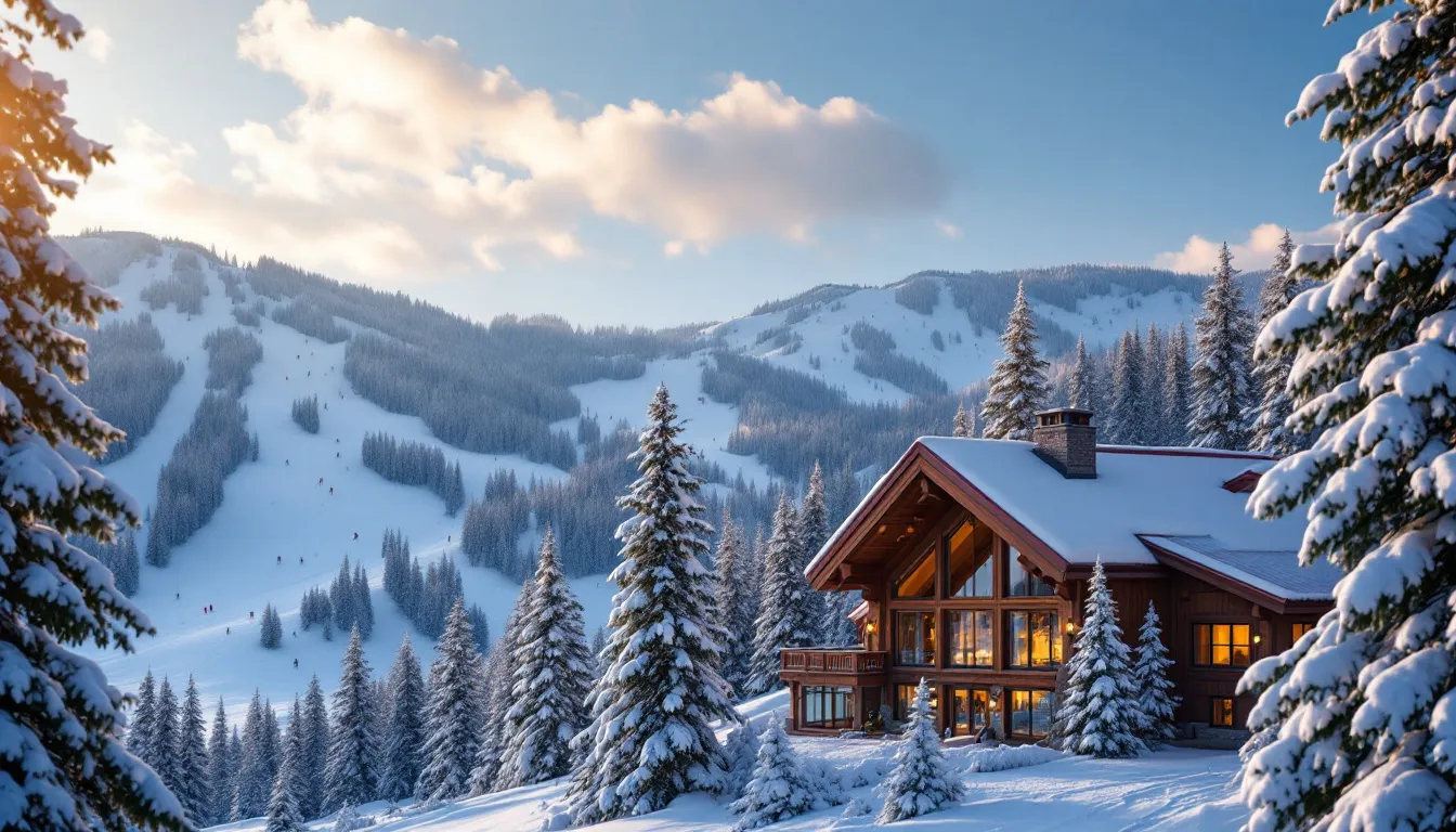 A cozy mountain lodge nestled among snow-covered pine trees, with ski slopes visible in the background, ideal for travelers visiting the Brian Head Ski Resort in southern Utah. This picturesque scene invites guests to enjoy winter activities and relax in the beautiful surroundings of Cedar Breaks National Monument.