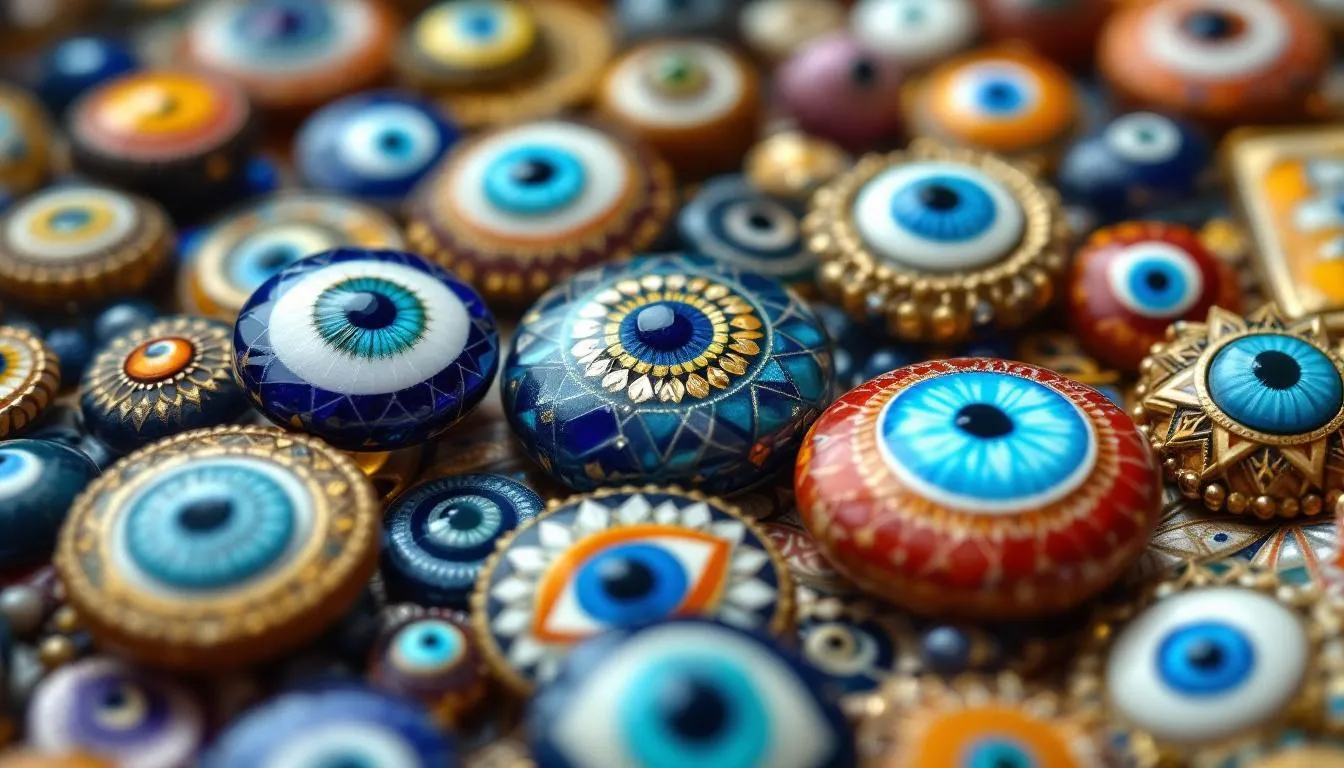 A collection of various evil eye amulets from different cultures, showcasing their diversity.