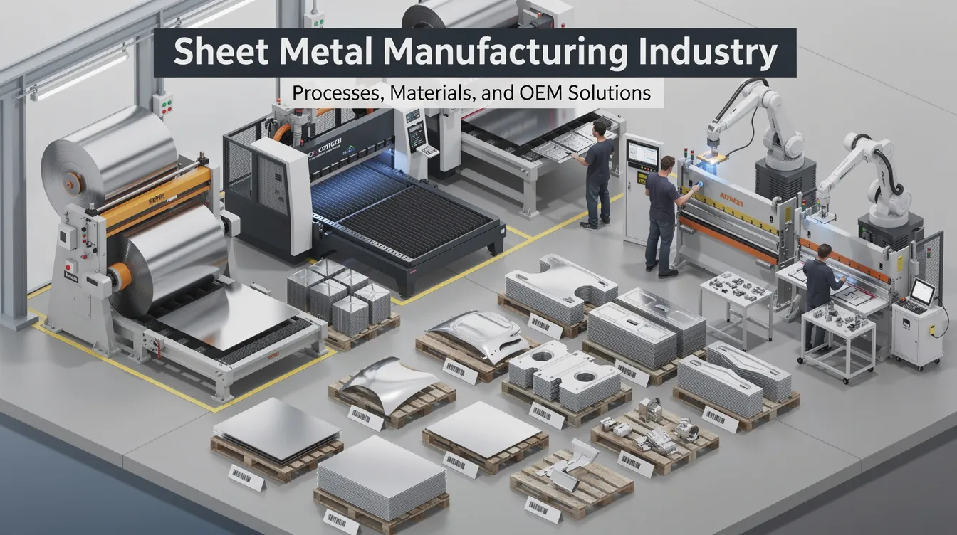 The image depicts various processes in the sheet metal manufacturing industry, showcasing techniques such as laser cutting and bending sheet metal. It highlights different sheet metal materials, including stainless steel and mild steel, used to create precise sheet metal parts and assemblies for high volume production.