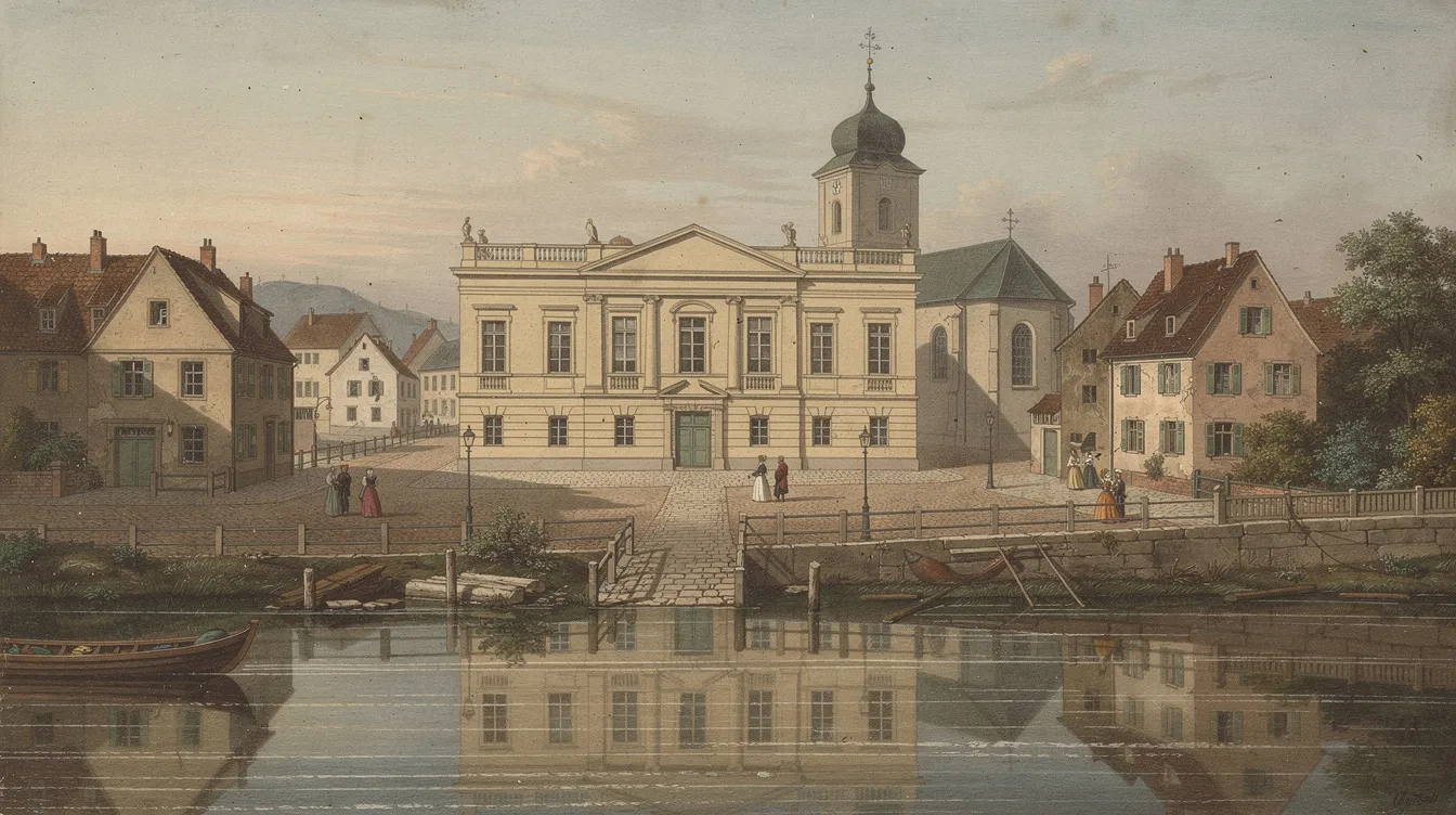 Die historische Stadtansicht zeigt eine kleine deutsche Residenzstadt mit eleganten klassizistischen Gebäuden und einem ruhigen Fluss im Vordergrund, der die harmonische Gestaltung der Umgebung unterstreicht. Diese Szenerie erinnert an die Epoche der Weimarer Klassik, in der Autoren wie Johann Wolfgang von Goethe und Friedrich Schiller bedeutende Werke der deutschen Literatur schufen.