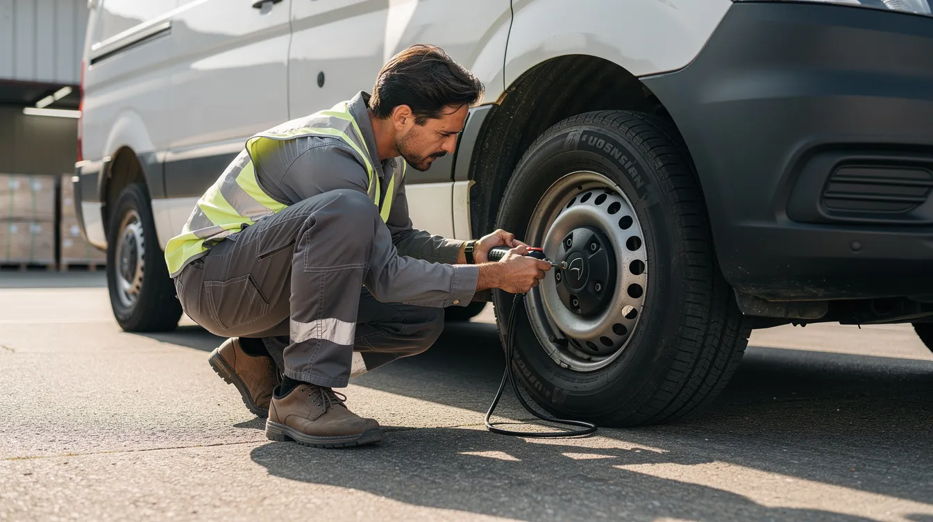 A person is checking the tire pressure on a non running vehicle parked in preparation for transport, ensuring it is in the proper condition for auto transport services. The scene highlights the importance of maintaining vehicle safety before shipping, especially for inoperable cars.