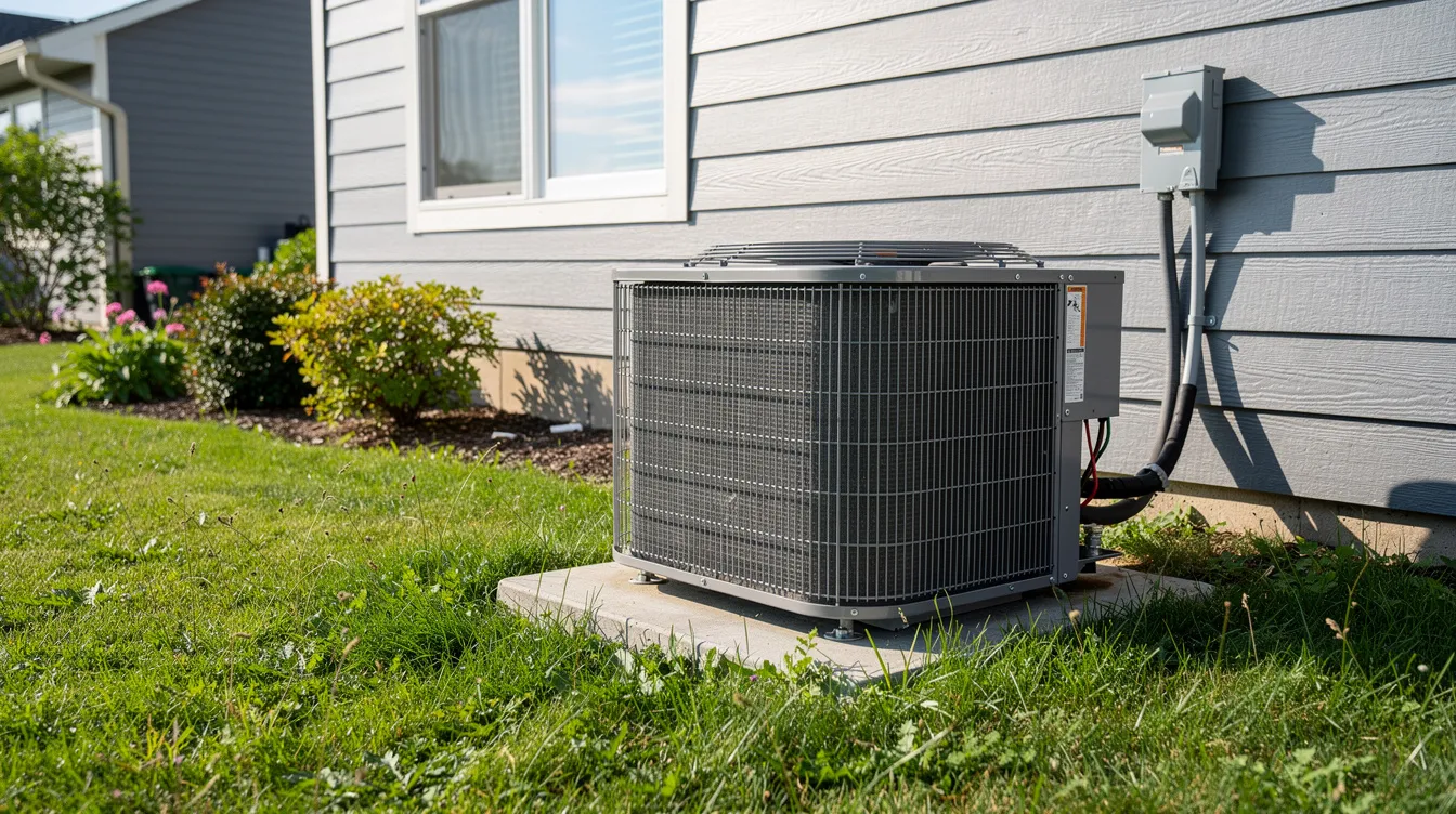An outdoor air conditioning condenser unit is positioned next to a residential home, surrounded by a lush green lawn. This energy-efficient cooling system is part of the overall air conditioning system designed to maintain comfortable indoor temperatures.